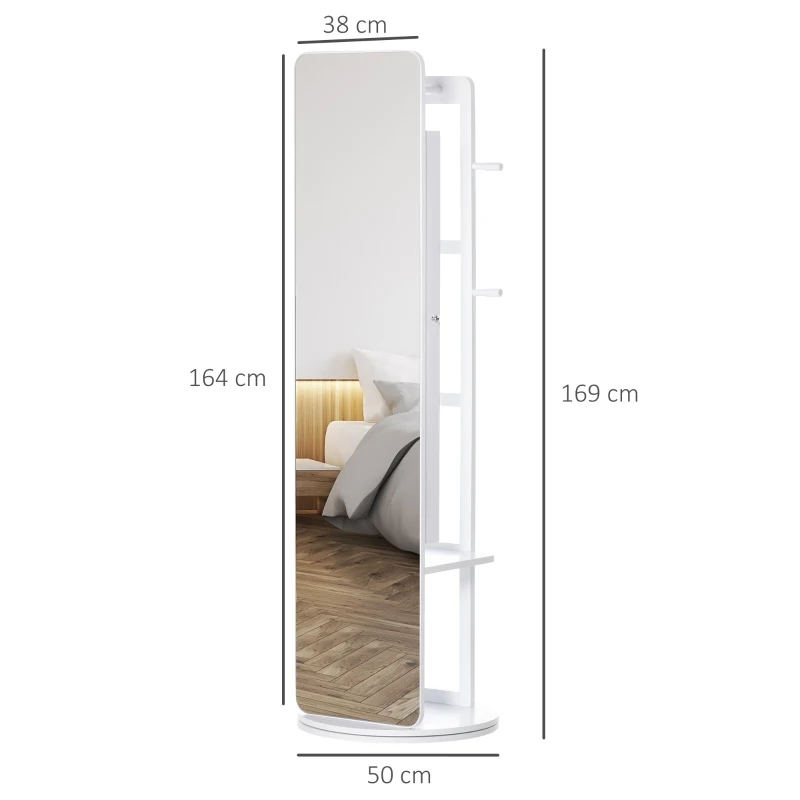 HOMCOM Full Length Mirror with Jewelry Cabinet, Hanging Cloth Bar, Coat Rack, 360° Rotate Floor Mirror for Bedroom, Living Room, White