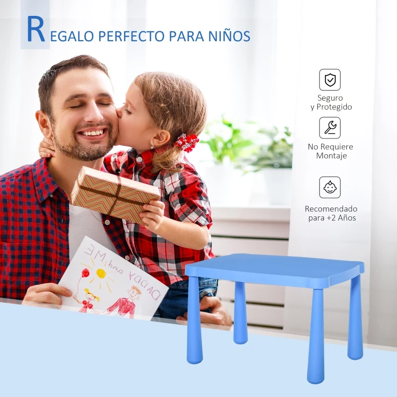 HOMCOM Mesa Infantil Rectangular de +2 Años con Pies y Bordes Redondos Mesita Infantil para Interiores y Exteriores Carga Máx. 30 kg 76,5x54,5x49,5 cm Azul