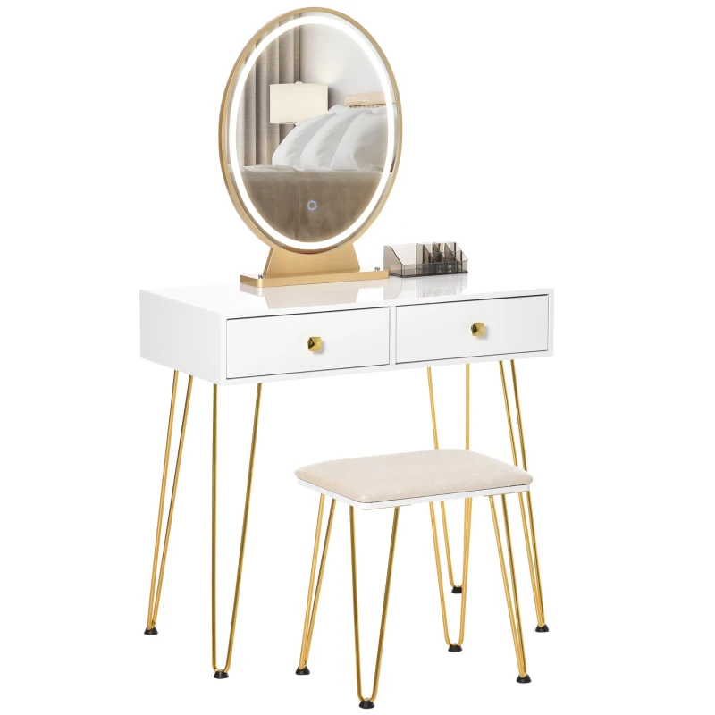 HOMCOM Dressing Table Set with LED Light, Round Mirror, Vanity Makeup Table with 2 Drawers and Cushioned Stool for Bedroom, White