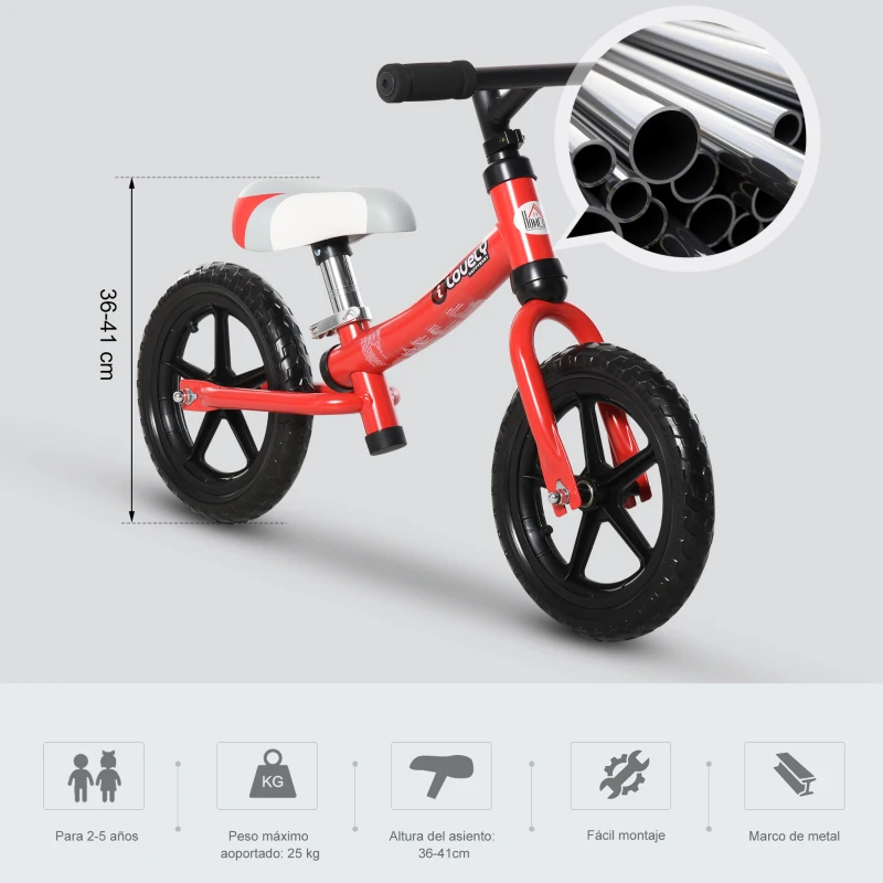 HOMCOM Bicicleta sin Pedales para Niños de +2 Años con Sillín Ajustable en Altura Neumáticos de EVA Carga Máx. 25 kg Metal 65x33x46 cm Rojo