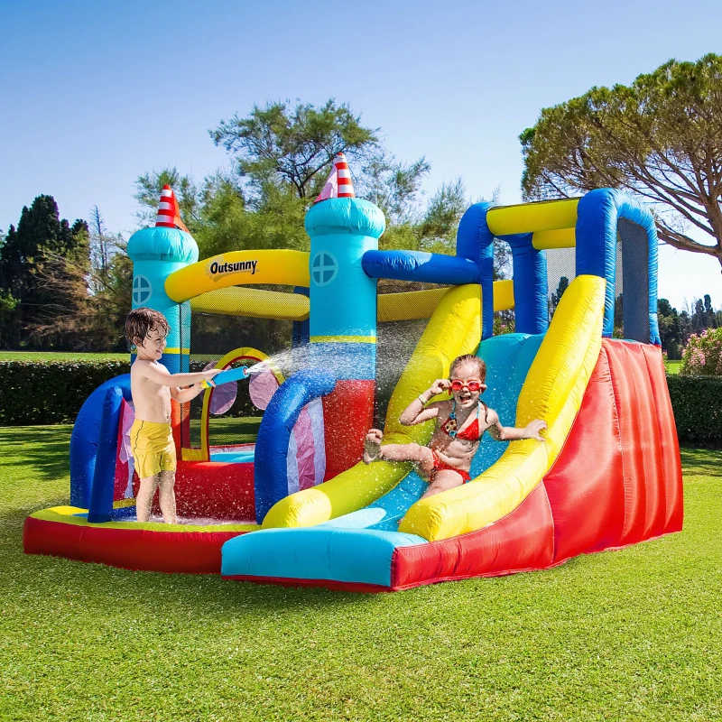 Outsunny Castelo Insuflável com Escorrega Trampolim Piscina e Parede de Escalada para Crianças acima de 3 Anos com Inflador e Bolsa de Transporte para Interior e Exterior 265x260x200cm Multicor