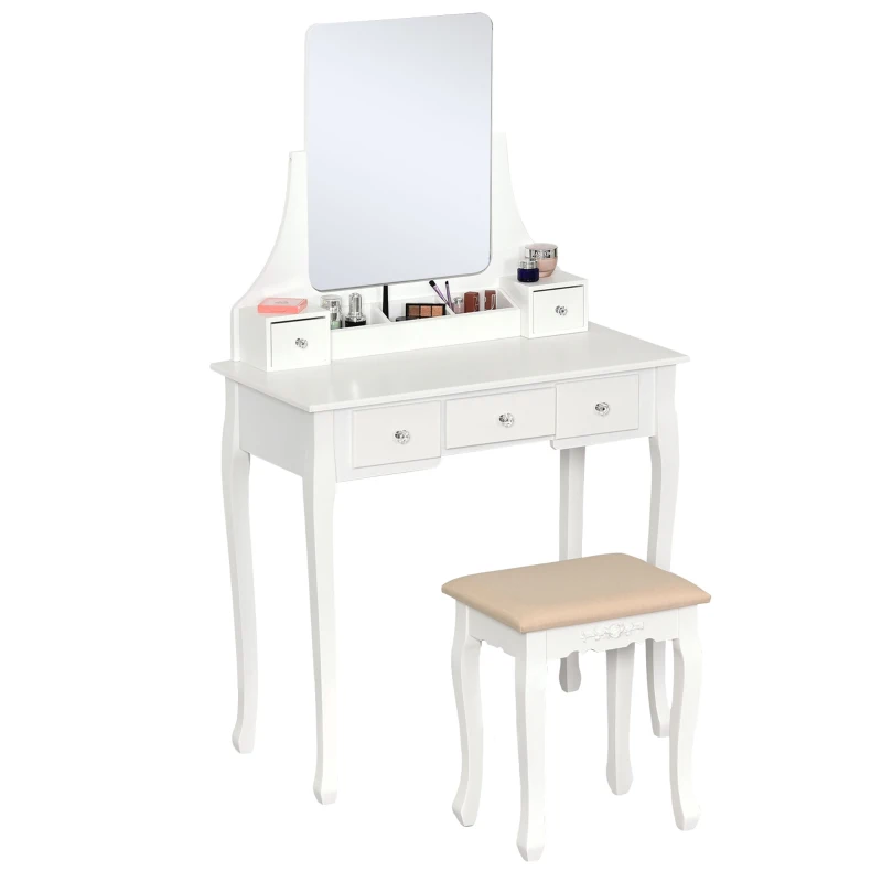 HOMCOM Dressing Table Set with Cushioned Stool, Makeup Vanity Dresser Desk with 5 Drawers for Bedroom, White