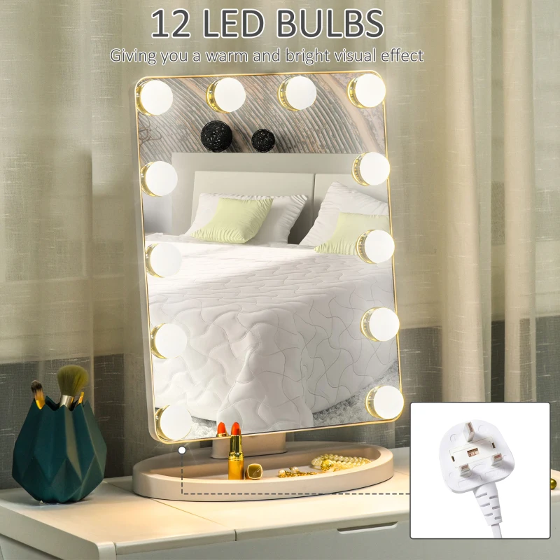 HOMCOM Hollywood Makeup Mirror with 12 Dimmable Bulbs, Multiple Color Modes, Table Top Vanity Mirror for Dressing Table, Smart Touch Control, Plug in