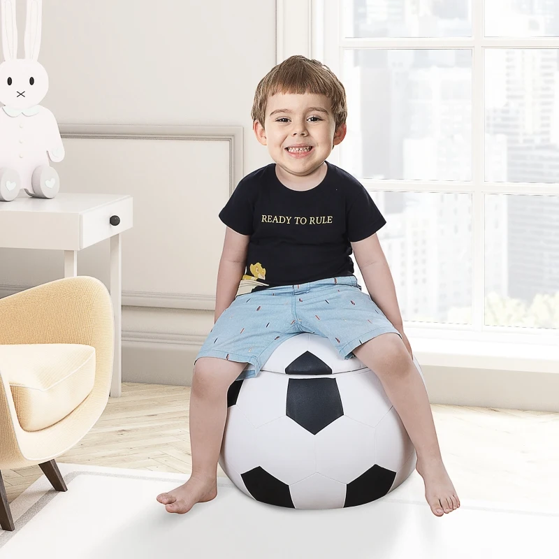 HOMCOM Baúl Puff Taburete para Almacenaje Mini Sofá para Niños Diseño Balón de Fútbol 51,5x51,5x36 cm Blanco y Negro