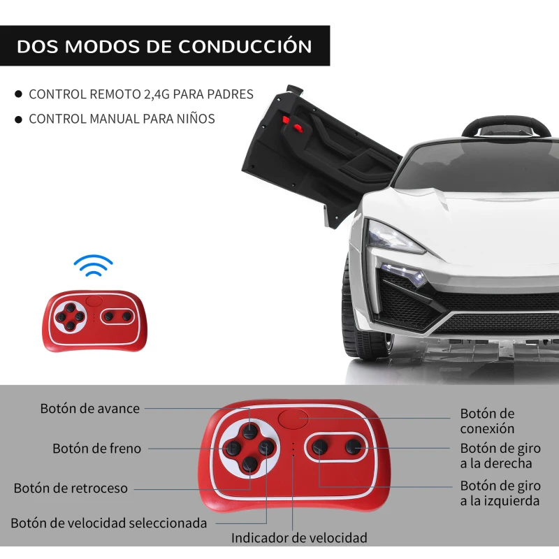 HOMCOM Coche Eléctrico Infantil para Niños a partir de 3 Años con Mando a Distancia 118x70x50cm Blanco