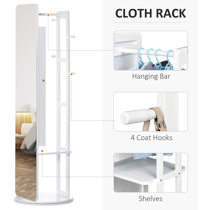 HOMCOM Full Length Mirror with Jewelry Cabinet, Hanging Cloth Bar, Coat Rack, 360° Rotate Floor Mirror for Bedroom, Living Room, White