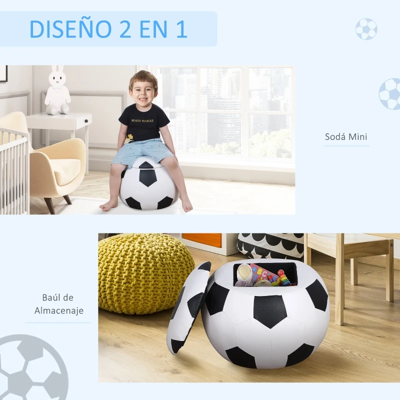 HOMCOM Baúl Puff Taburete para Almacenaje Mini Sofá para Niños Diseño Balón de Fútbol 51,5x51,5x36 cm Blanco y Negro