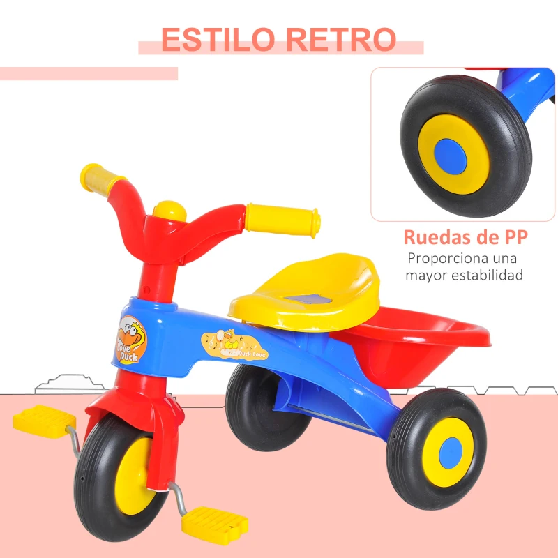 HOMCOM Triciclo para Niños +18 Meses Triciclo Infantil Evolutivo con Bocina Cesta 60x42x45cm Metal y PP