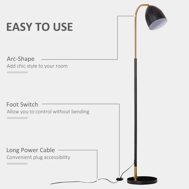 HOMCOM Arc Floor Lamp, Standing Reading Light, with Adjustable Lampshade, and Round Base for Living Room, Office, Bedroom, 160cm, Black Gold
