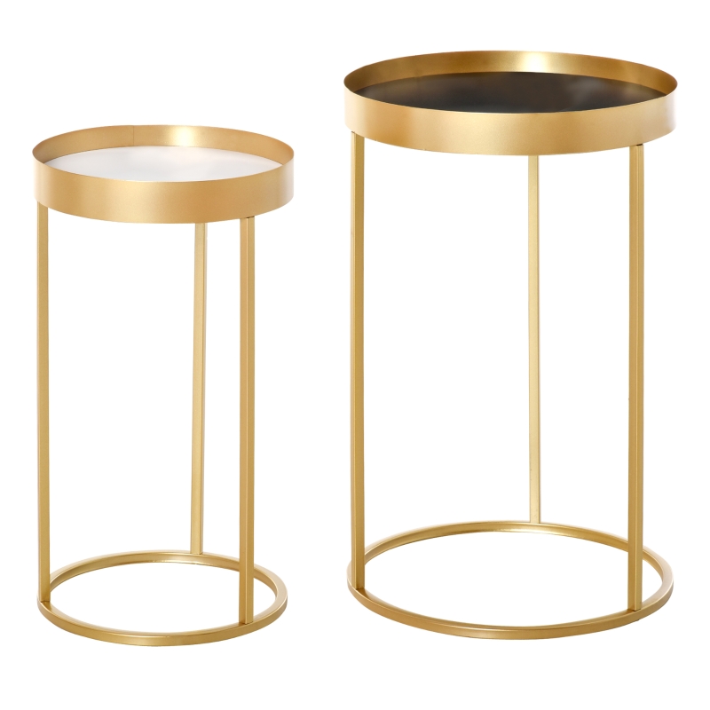 HOMCOM Set of 2 Nesting Coffee Tables with Gold Metal Base, Round Side Table with Embedded Tabletop in Marble Color, Living Room, Bedroom
