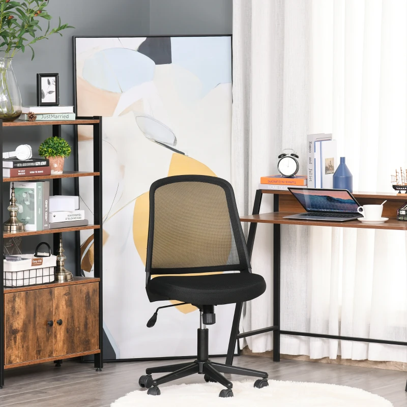 Vinsetto Swivel Mid Back Office Chair Mesh Fabric Computer Home Study Bedroom Conference Armless Leisure Chair with Wheels, Black