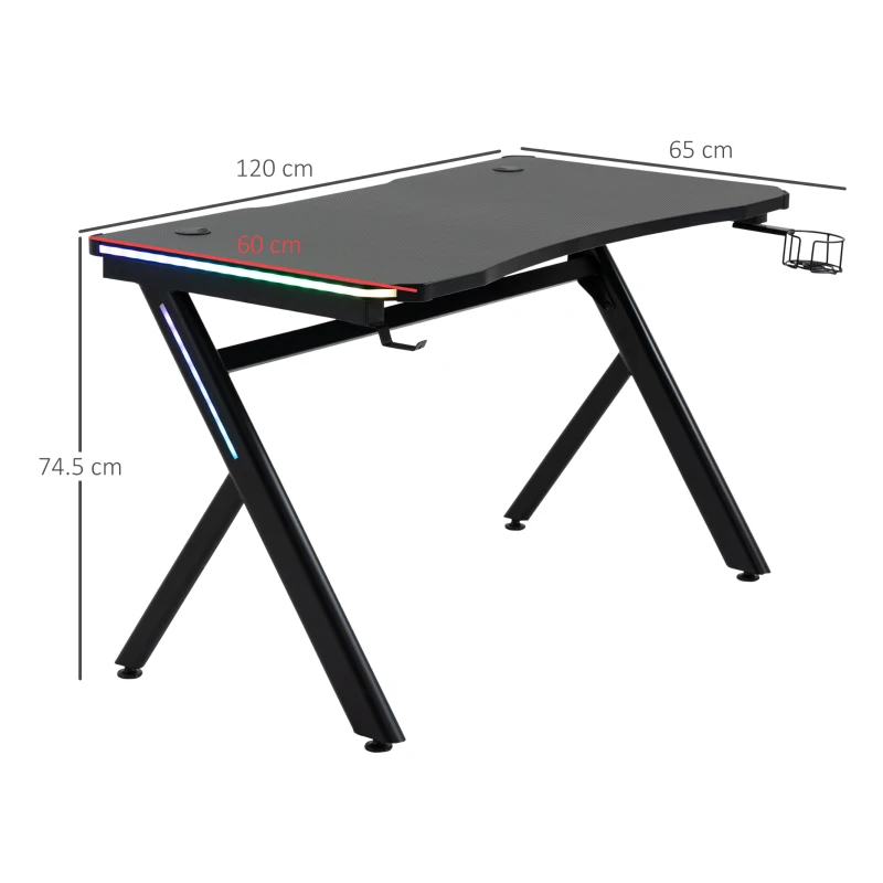 HOMCOM RGB Gaming Desk Computer Table Metal Frame with LED Light, Cup Holder, Headphone Hook, Cable Hole, Black