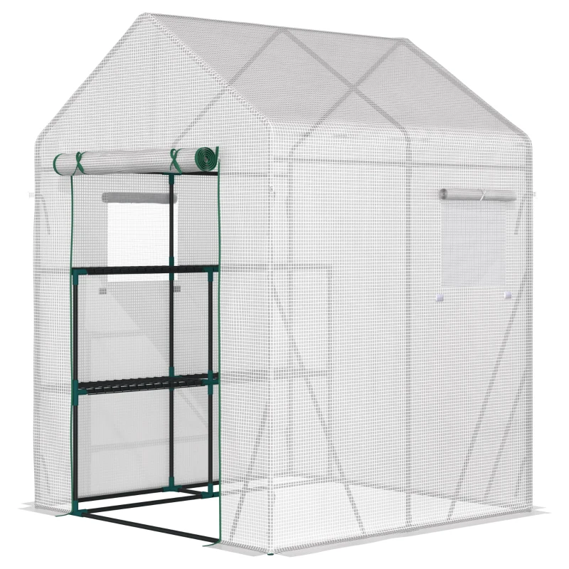 Outsunny Estufa de Jardim 143x143x195cm Estufa de Aço com 2 Prateleiras Porta e 2 Janelas Enroláveis para Cultivo de Plantas Vasos de Flores Pátio Exterior Branco