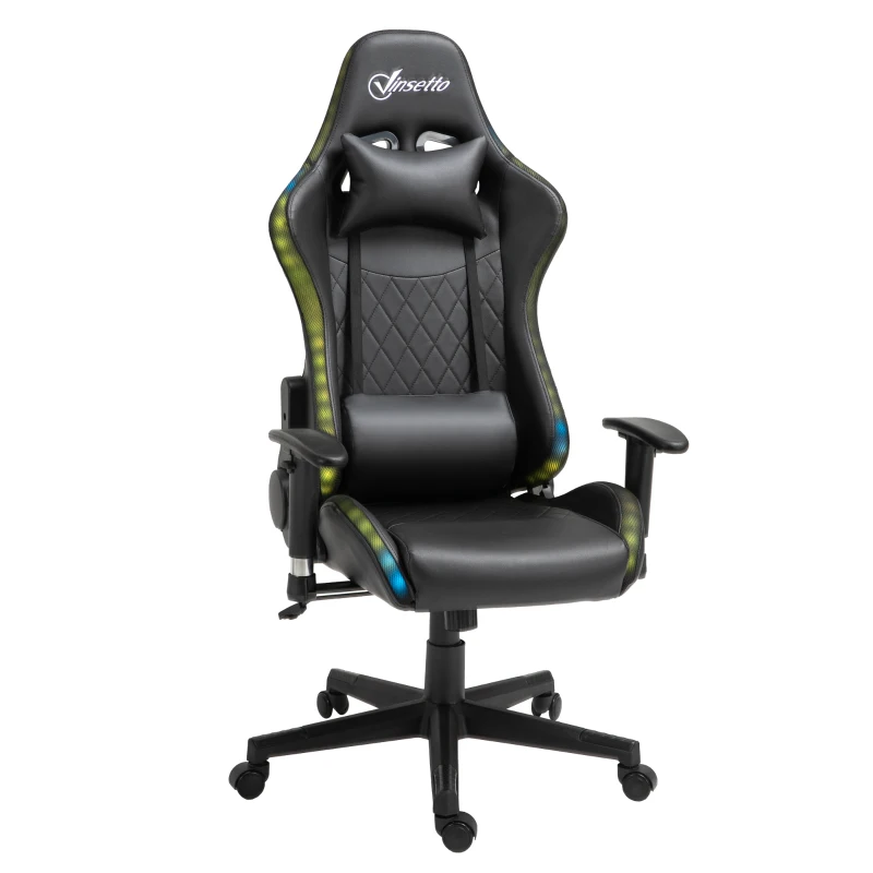 Vinsetto Gaming Chair with RGB LED Light, 2D Arm, Lumbar Support, Height Adjustable Swivel Office Computer Recliner, Racing Gamer Desk Chair for Home, Black