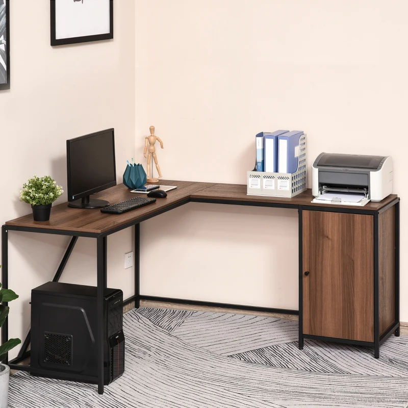 HOMCOM L-Shaped Computer Corner Desk with Cabinet, Adjustable Shelf, PC Table Workstation for Home Office, Space-Saving, Industrial Style, Walnut and Black