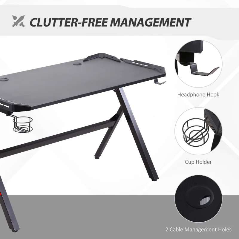 HOMCOM 1.2m LED Gaming Desk Racing Style Computer Table w/ Lights Cup Holder Headphone Hook Cable Management E-Sport Study Workstation – Black
