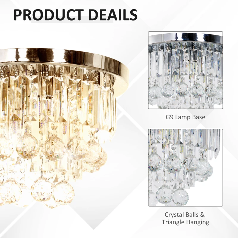 HOMCOM Round Crystal Lamp Chandelier Ceiling Mount Fixture For Living Room Dining Room Hallway Modern (7 Light), Ф35 x 24cm