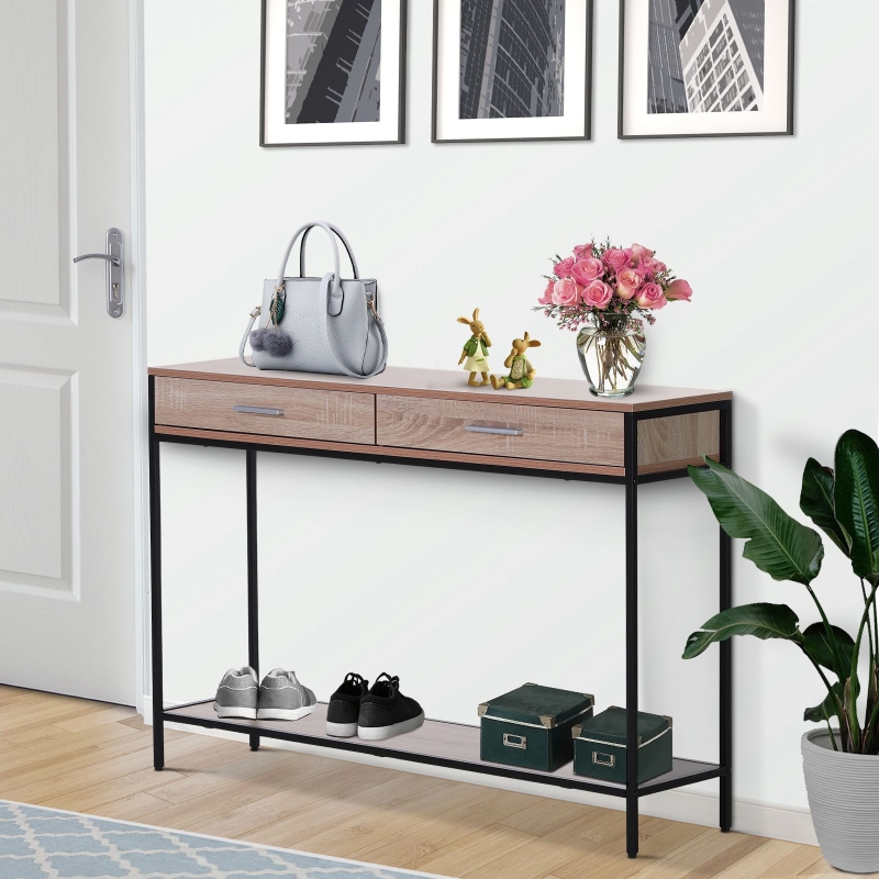 Homcom Industrial Console Table Narrow Worktop W Bottom Shelf Two Drawers Oak Wood Aosom Uk Homcom Industrial Console Table Narrow, Console Table With Shelf Uk