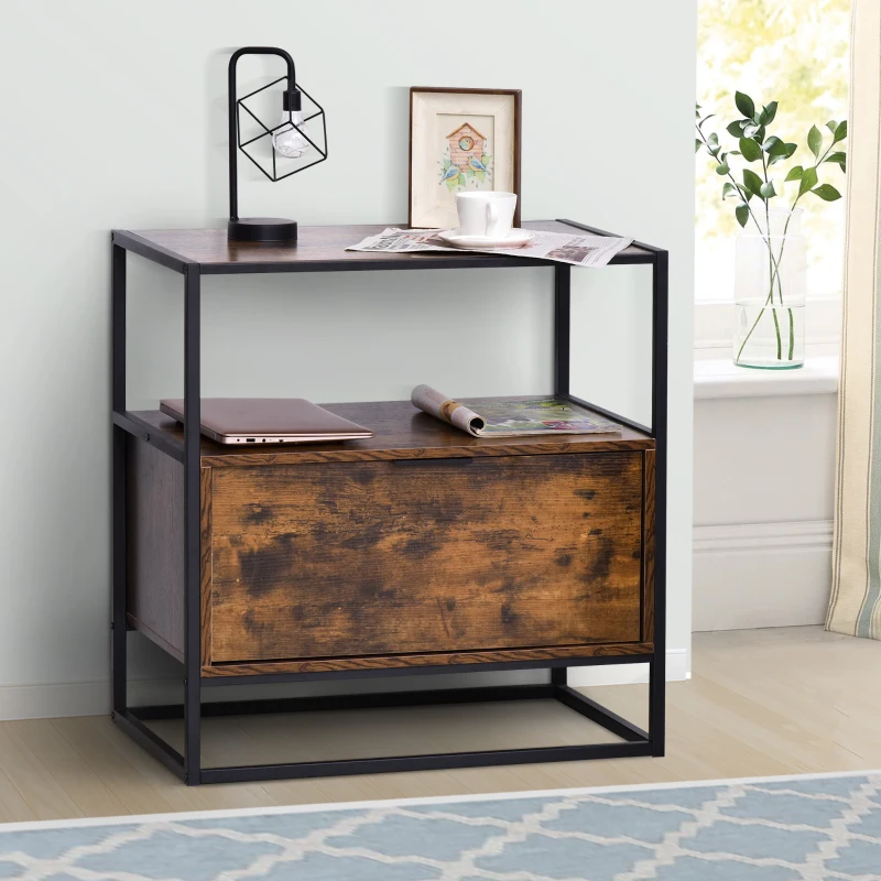 HOMCOM Industrial-Style Side Table w/ Drawer Open Shelf Steel Frame Large Base Two-Tone Retro Stylish Home Furniture Bedroom Living Room