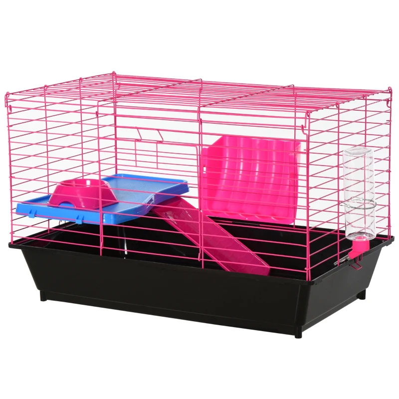 PawHut Dwarf Hamster Metal Cage Guinea Pigs Hutches w/ Tunnels Pink