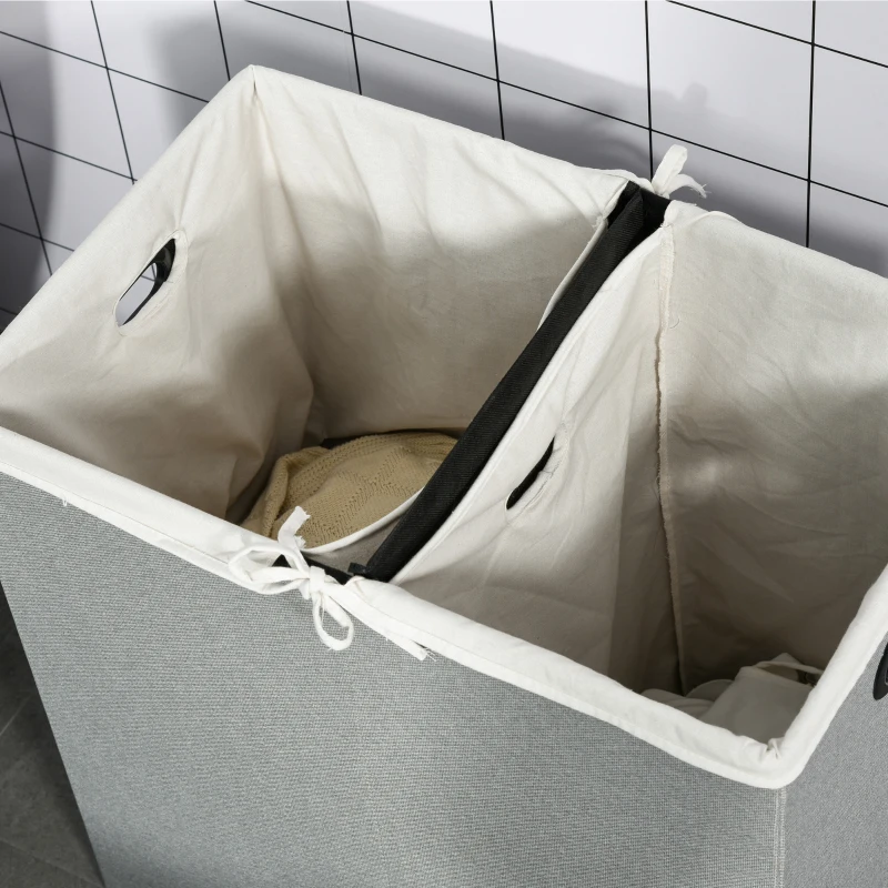 HOMCOM Linen Folding Laundry Basket, Hamper Bin with 2 Sections, Lid and Removable Liner and Handles, 115L Storage Capacity, Grey