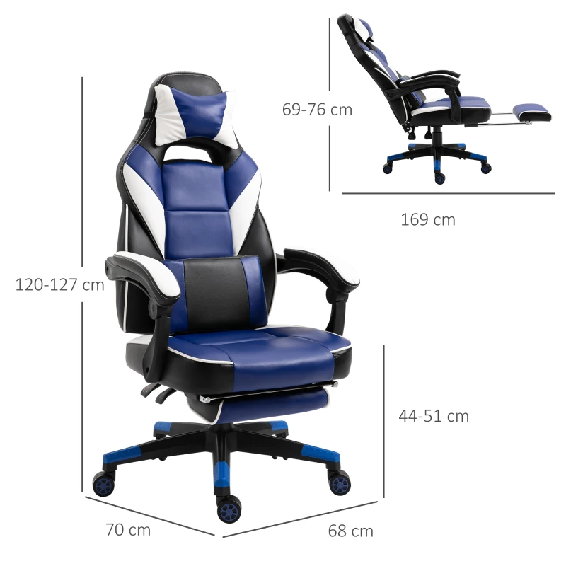 Vinsetto Cool & Stylish Gaming Chair Ergonomic Recliner w/ Thick Padding Footrest Neck & Back Pillow 5 Wheels Racing Swivel Height Adjustable Home Office Blue