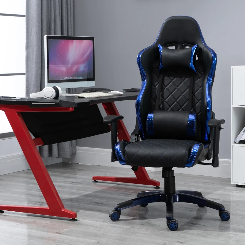 Vinsetto Holographic Stripe Gaming Chair Ergonomic Design PU Leather High Back 360° Swivel w/ 5 Wheels 2 Pillows Back Support Racing Chair Black&Blue