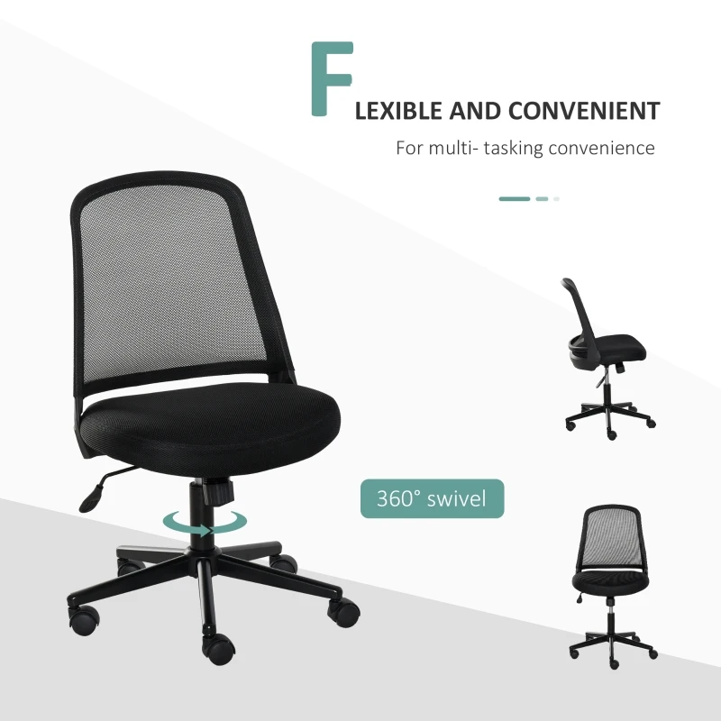Vinsetto Swivel Mid Back Office Chair Mesh Fabric Computer Home Study Bedroom Conference Armless Leisure Chair with Wheels, Black