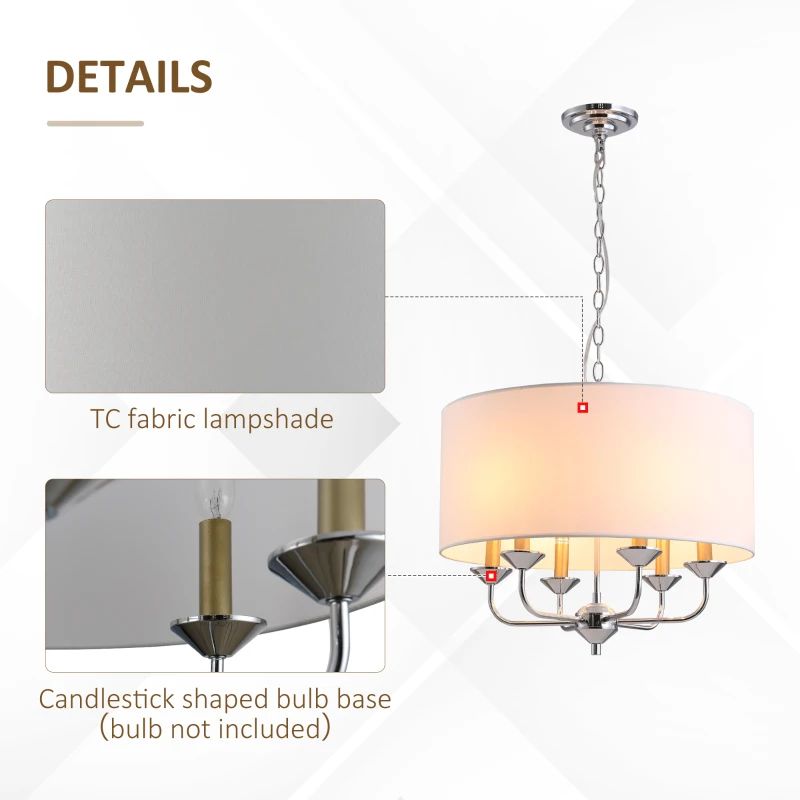 HOMCOM Modern Chandelier Candle Pendant Light Fabric Lampshades with Adjustable Hanging Chain for Living Room, Dining Room, Kitchen, White