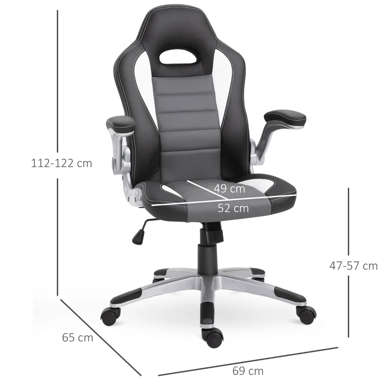 HOMCOM Racing Office Chair PU Leather Computer Desk Chair Gaming Style with Wheels, Flip-Up Armrest, Grey