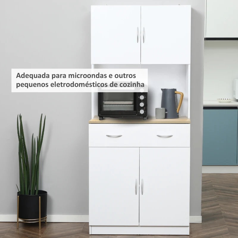HOMCOM Armário de Cozinha com Gaveta 4 Portas e Prateleiras Interiores Ajustável em Altura Móvel Auxiliar de Armazenamento Moderno para Sala de Jantar Sala de Estar 80x40x180cm Branco