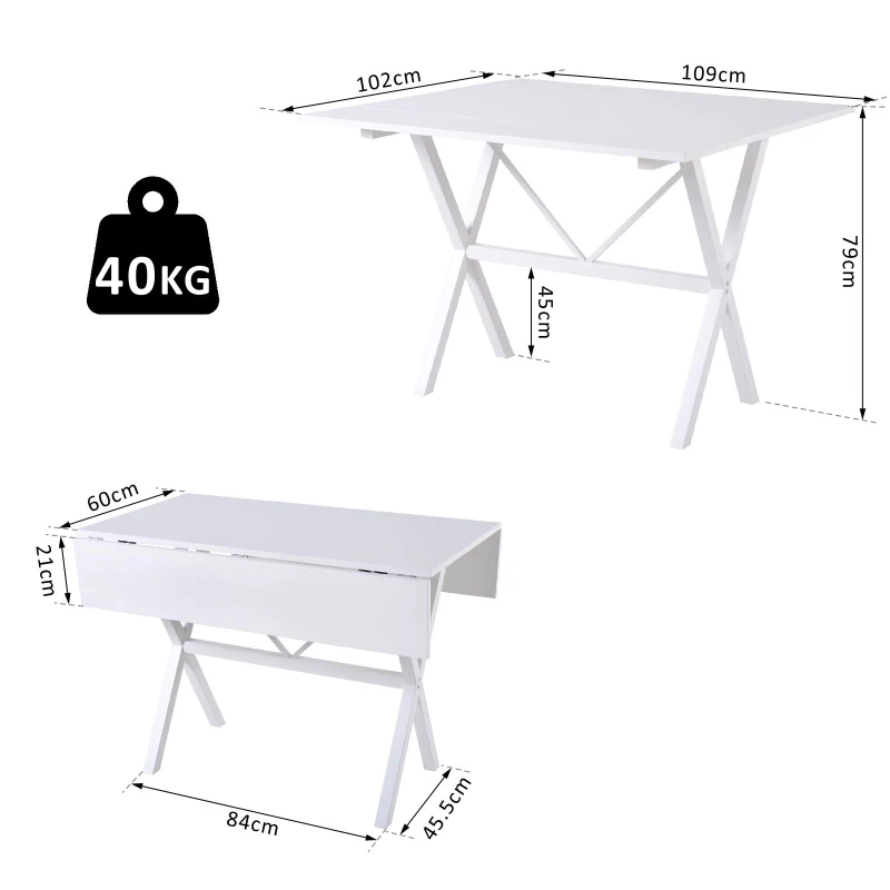 HOMCOM Dining Table Drop Leaf Metal Frame MDF Top Folding Expandable 6 Person White