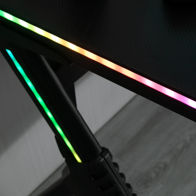 HOMCOM Gaming Desk with RGB LED Lights, Racing Style Computer Table with Carbon Fibre Surface, Cup Holder, Cable Management, Black