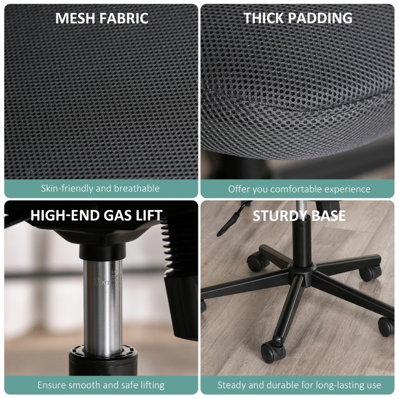 Vinsetto Swivel Mid Back Office Chair Mesh Fabric Computer Home Study Bedroom Conference Armless Leisure Chair with Wheels, Grey