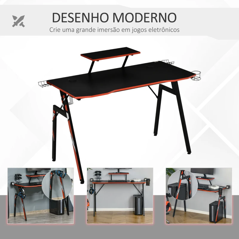 HOMCOM Mesa Gaming Ergonómica Secretária para Computador com Suporte para Monitor e Alto Falante Porta-Copos Gancho para Fones de Ouvido Fibra de Carbono 120x60x94,5 Preto