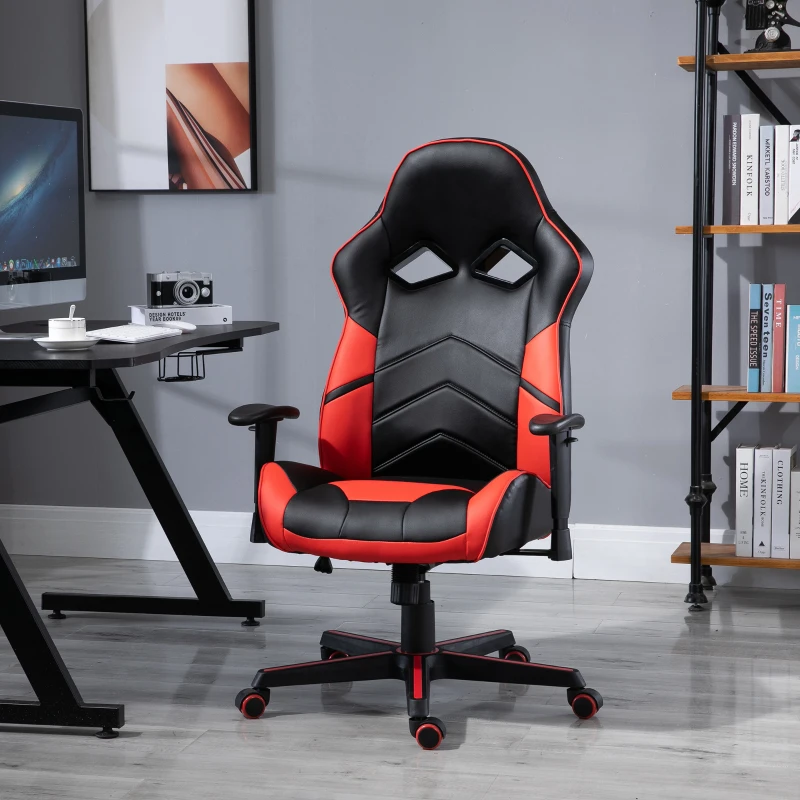 Vinsetto Ergonomic PU Leather Gaming Chair Stylish Red Panel Swivel w/ 5 Wheels Adjustable Height Armrests Home Office Chair Comfortable Black&Red
