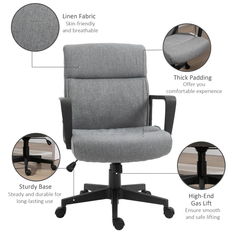 Vinsetto Mid Back Office Chair Height Adjustable Linen Fabric Task Chair with Ergonomic Line Wide Seat, Thick Padding, and 360° Swivel Wheels