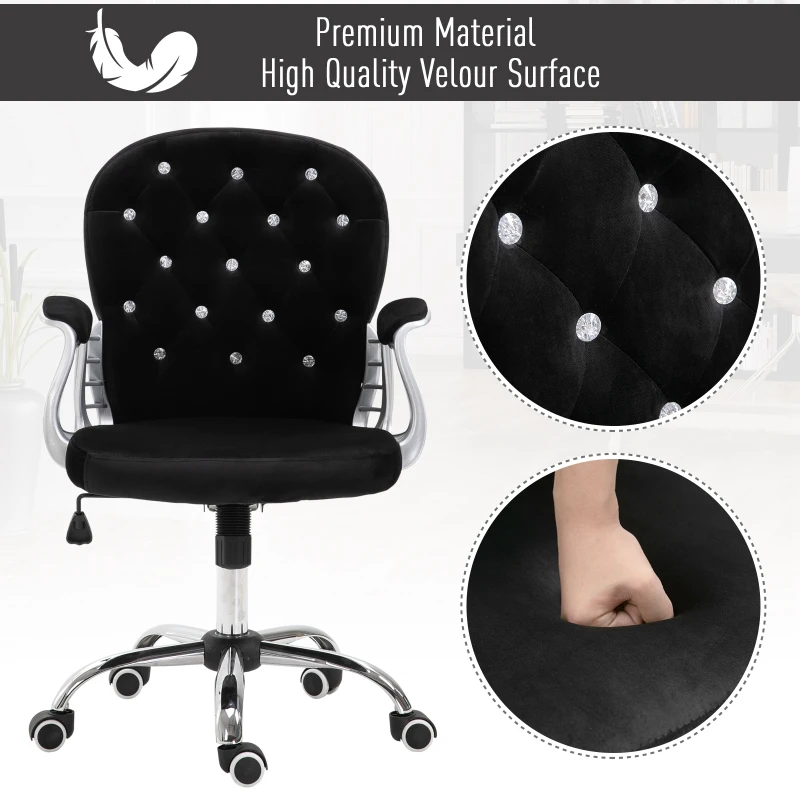 Vinsetto Office Chair Ergonomic 360° Swivel Diamante Tufted Home Work Velour Padded Base 5 Castor Wheels Black