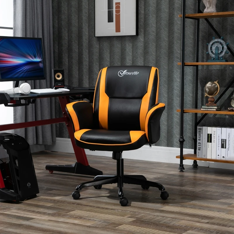 Vinsetto PU Leather Tub Seat Office Chair w/ Yellow Panels Wheels Mid-Back Armrests Ergonomic Comfort Home Office Gaming Black Orange