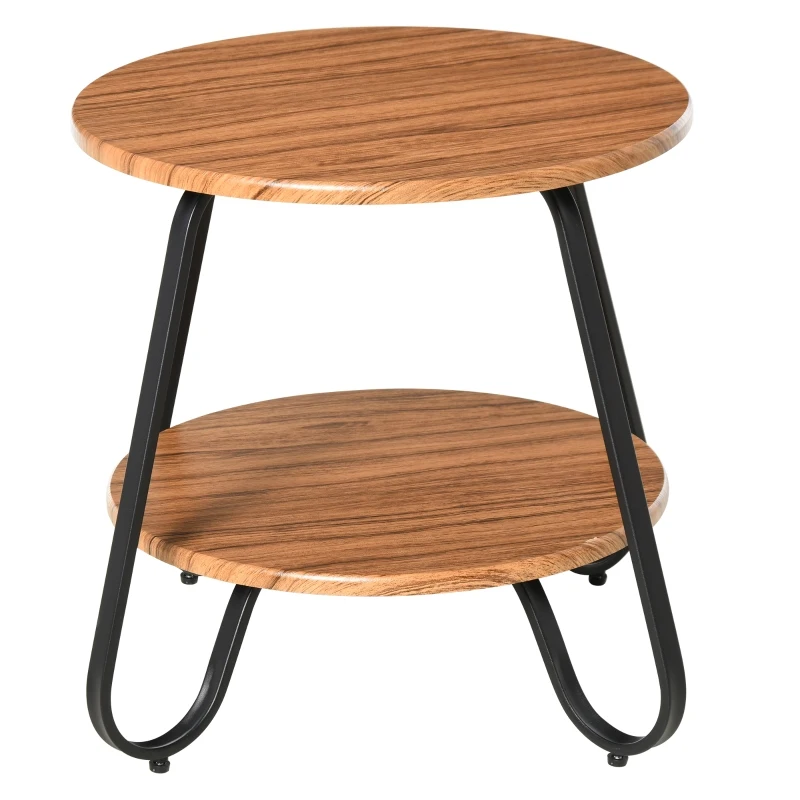 HOMCOM Retro Two-Tier Coffee Table w/ Curved Metal Frame Adjustable Feet Oak-Effect Round Tops Side End Home Furniture Stylish Living Room