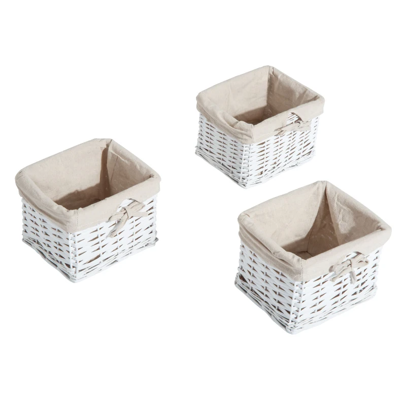 HOMCOM Entryway Coat Rack Wall Mounted Shelf w/Wicker Basket and Hooks (3 Baskets, White)