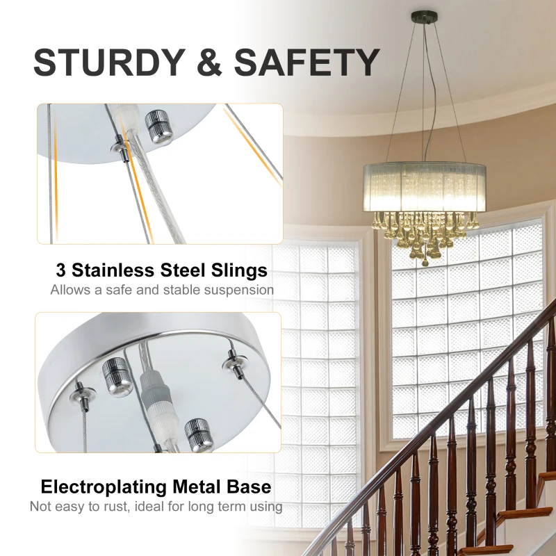 HOMCOM Elegant Modern Crystallite Ceiling Chandelier Light Pendant w/ Round Drum Shade 40W Home Lighting Furnishing Silver, Ф54 x 40cm