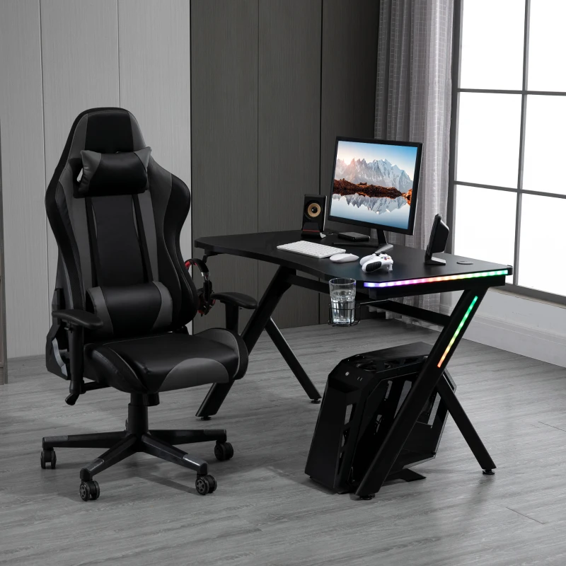 HOMCOM RGB Gaming Desk Computer Table Metal Frame with LED Light, Cup Holder, Headphone Hook, Cable Hole, Black