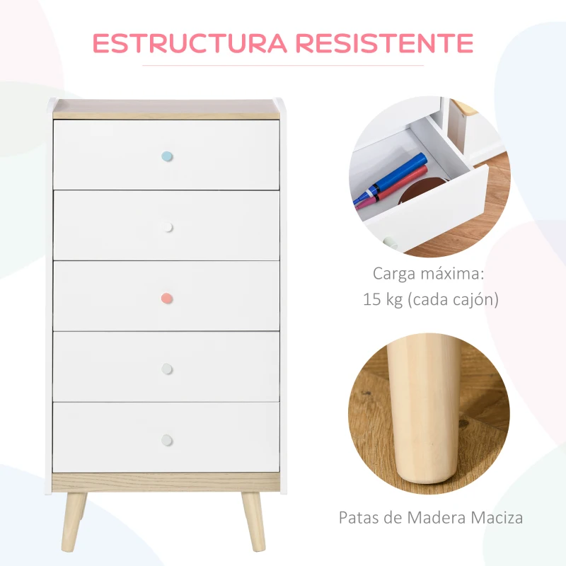 HOMCOM Cómoda Infantil de Madera Cajonera con 5 Cajones para Niños Almacenaje Libros Ropa Juguetes para Dormitorio Habitación de los Niños Sala de Juegos 55x36x108 cm Blanco