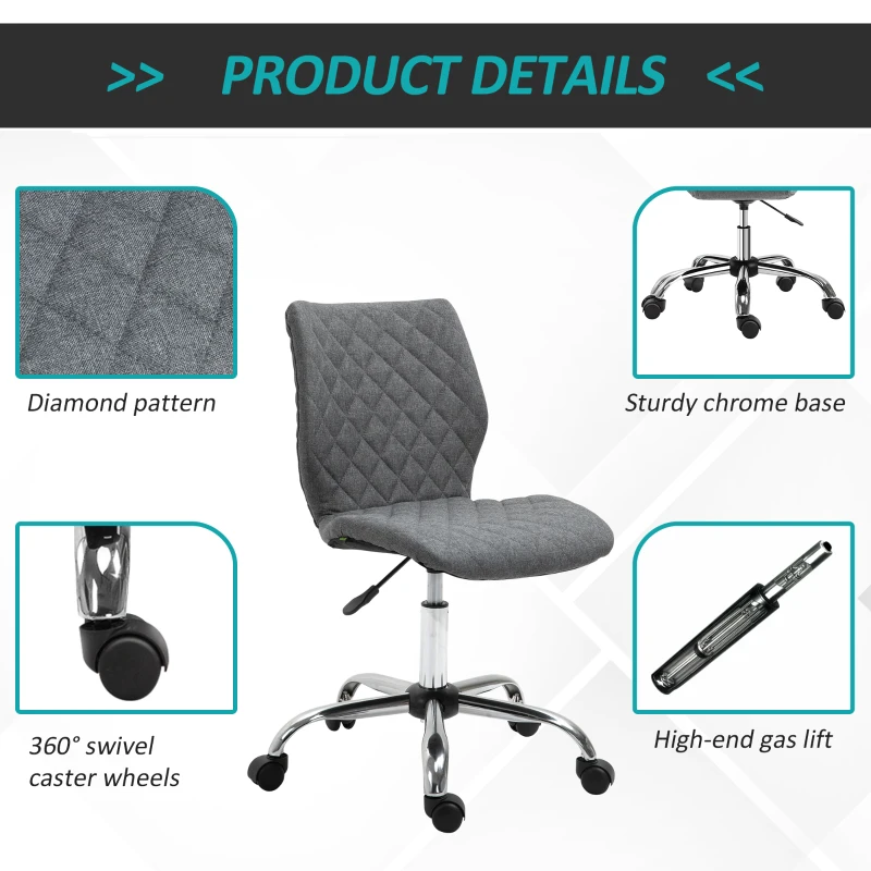 Vinsetto Armless Office Chair Adjustable Computer Chair Swivel Chair with Rolling Wheels and Linen Fabric Back Support for Home Office Students Study Grey