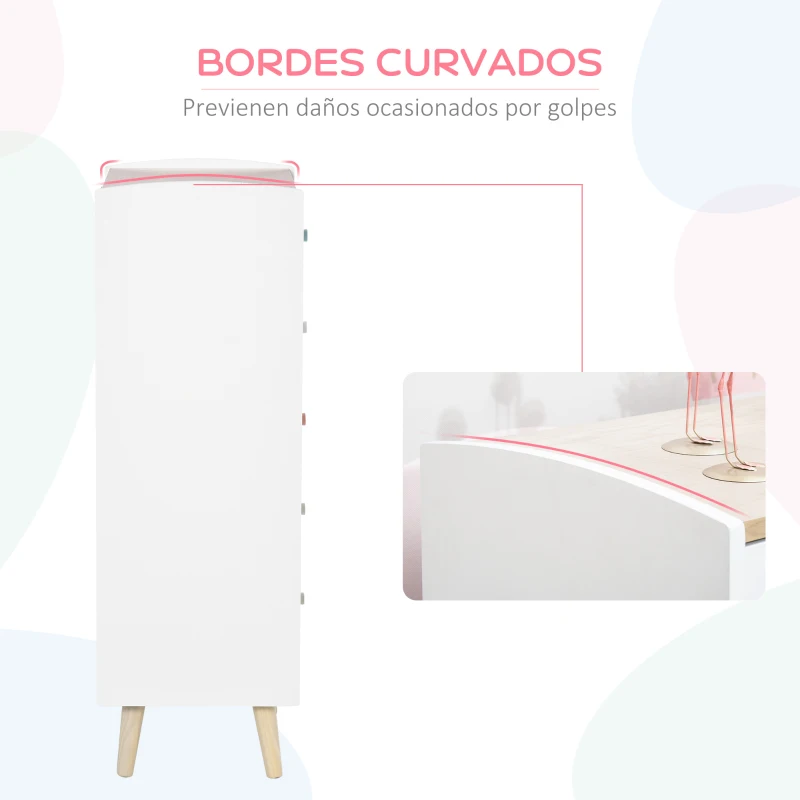 HOMCOM Cómoda Infantil de Madera Cajonera con 5 Cajones para Niños Almacenaje Libros Ropa Juguetes para Dormitorio Habitación de los Niños Sala de Juegos 55x36x108 cm Blanco