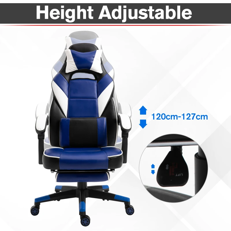 Vinsetto Cool & Stylish Gaming Chair Ergonomic Recliner w/ Thick Padding Footrest Neck & Back Pillow 5 Wheels Racing Swivel Height Adjustable Home Office Blue