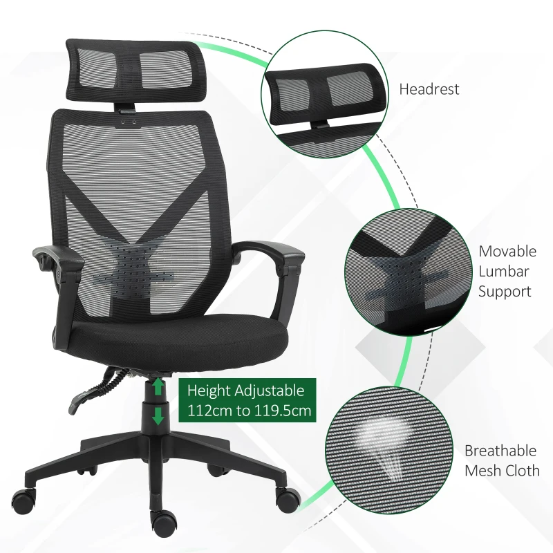 Vinsetto High Back Home Mesh Office Chair Swivel Reclining w/ Lumbar Support Height Adjustable Free Moving Suitable For Working Relaxing Black