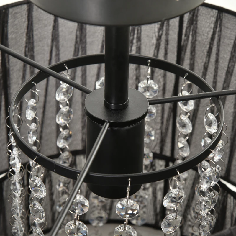 HOMCOM Vintage Metal Ceiling Light Chandelier with 2 Drum Shape Lampshade, Decorative Acrylic Crystal Pendants, for Living Room, Dining Room, Bedroom, Office, Black