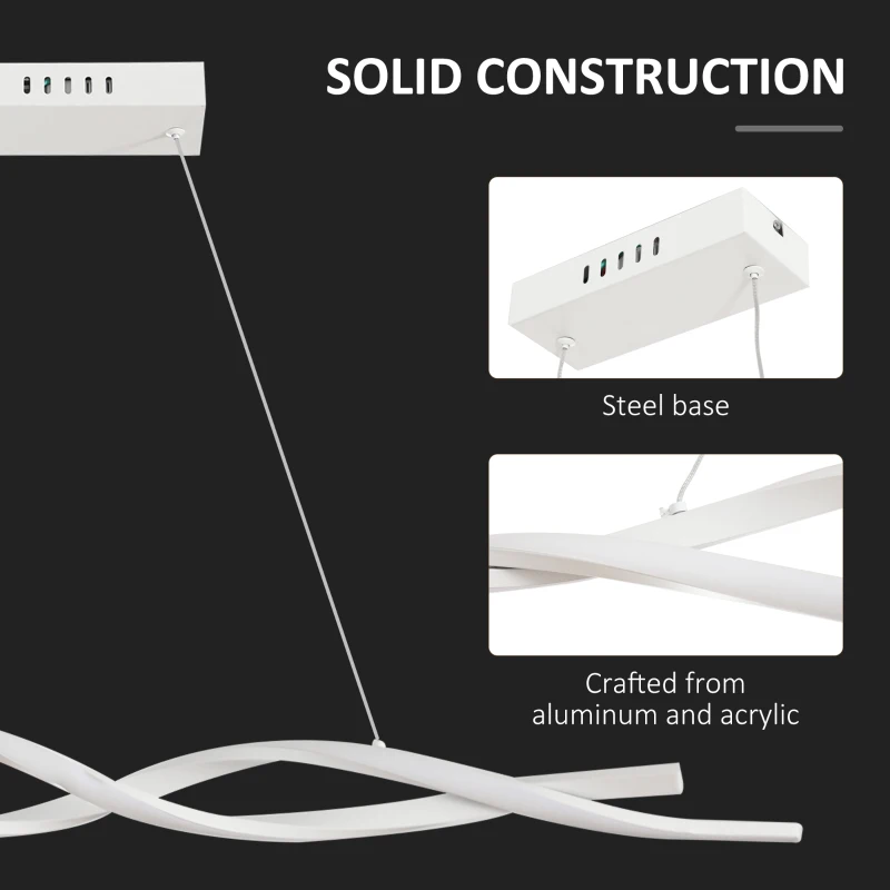 HOMCOM Modern Wave-Shape LED Pendant Light with Adjustable Hanging Chain, Metal Chandelier for Living Room, Bedroom, Dining Room, Office, Cool White 6500K, Silver